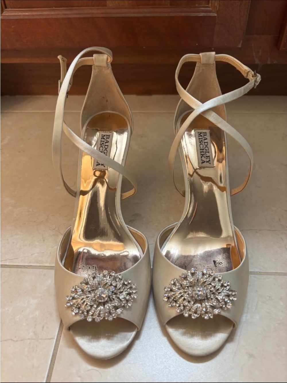 Badgley Mischka Ivory Satin Crystal-Embellished Peep-Toe Heels